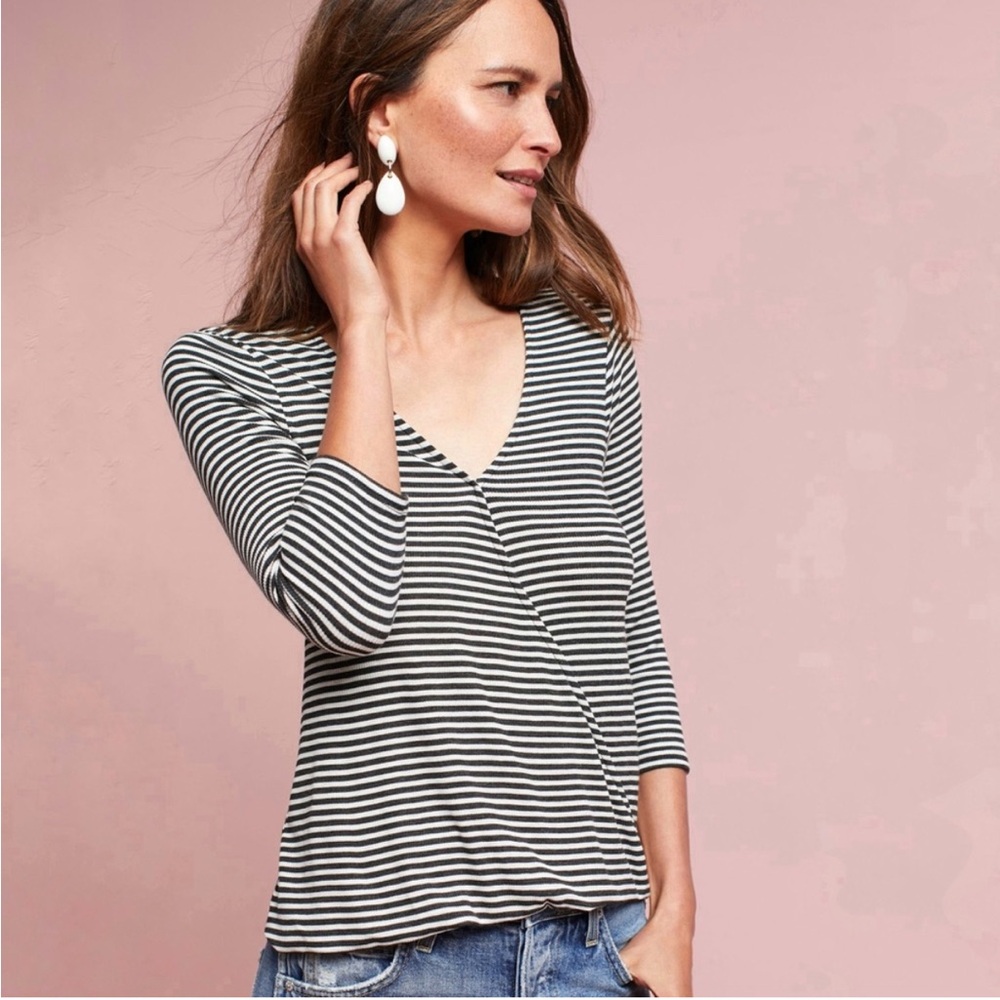 Eri + Ali Anthropologie Black White Stripe Faux Wrap Top 3/4 Sleeves Size Large